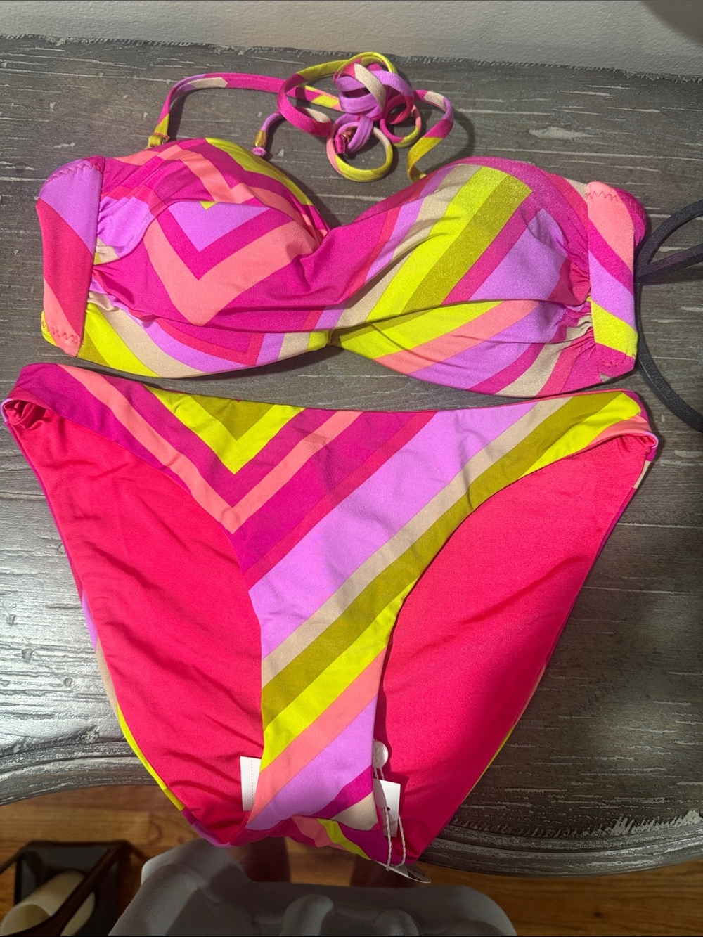 Trina Turk Striped Pink & Yellow Bandeau Bikini Set nwt top Sz 8 bottom Sz 6